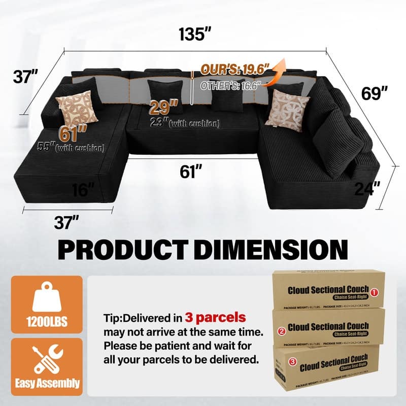 WINSOON 135"x69" Plush Modular Sectional Sofa with Pillows
