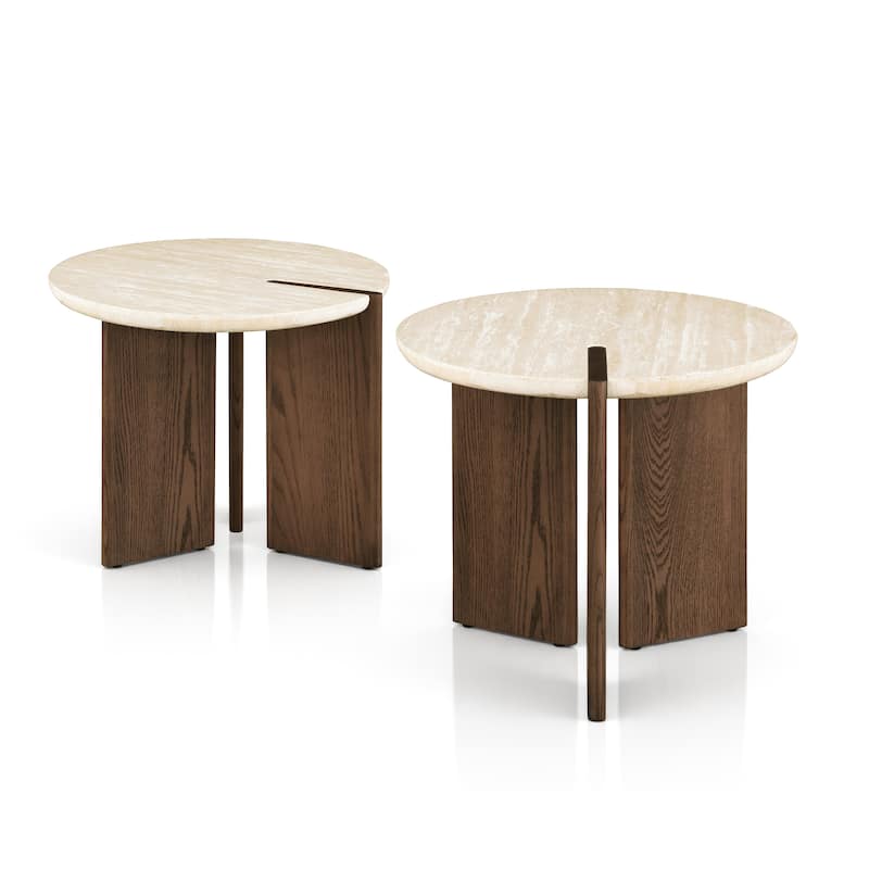 Furniture of America Elrik Modern Genuine Travertine Top 2-Piece Round End Table Set