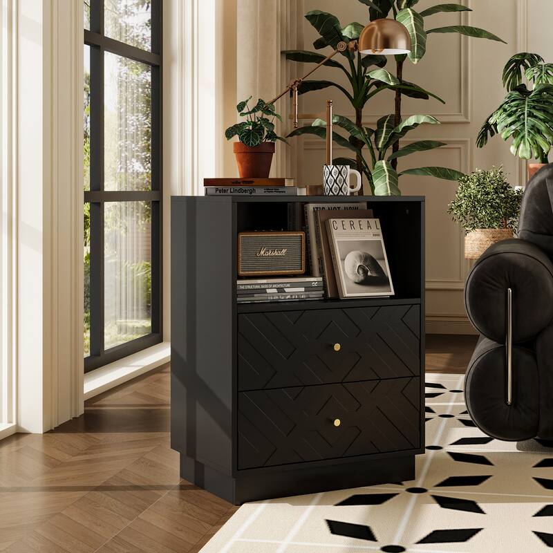 Black Side Cabinet Accent Cabinet with Gold Handles For Living Room: Geometric Texture, Open & Drawer Storage