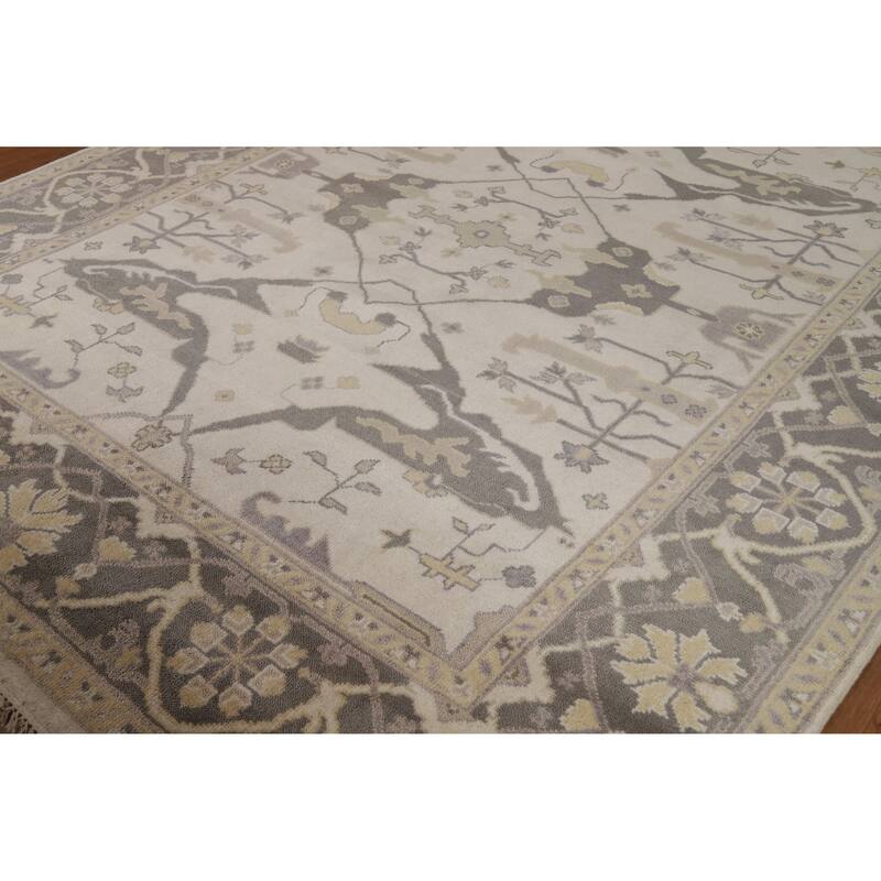 Floral Ivory Oushak Indian Area Rug Hand-Knotted Wool Carpet - 8'3" x 9'8"