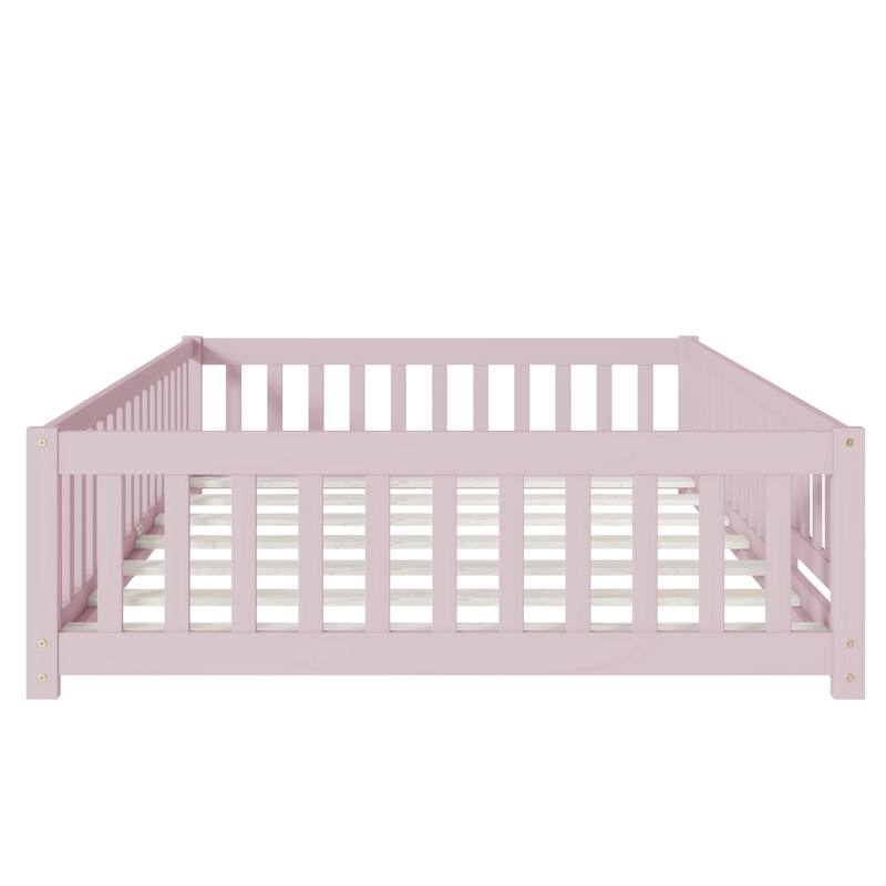 Full Size Rubber Wood Floor Bed with Safety Fence, Pink