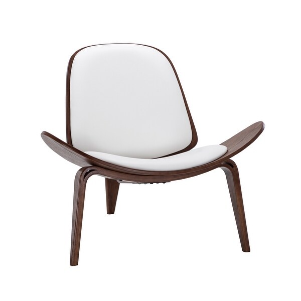 BELLEZE Mid-Century Modern Shell Side Accent Tripod Plywood Lounge Chair Walnut Upholstered Faux Leather, White