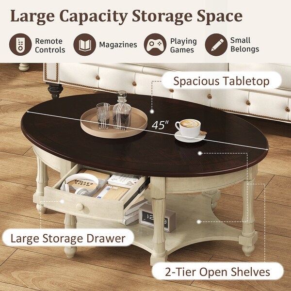 Vintage Oval Coffee Table with Multiple Storage Options and Sturdy