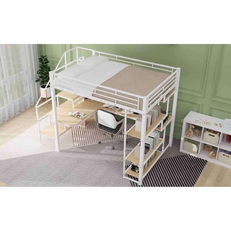 Full Size Metal Loft Bed with Storage Staircase, Small Wardrobe, and Desk