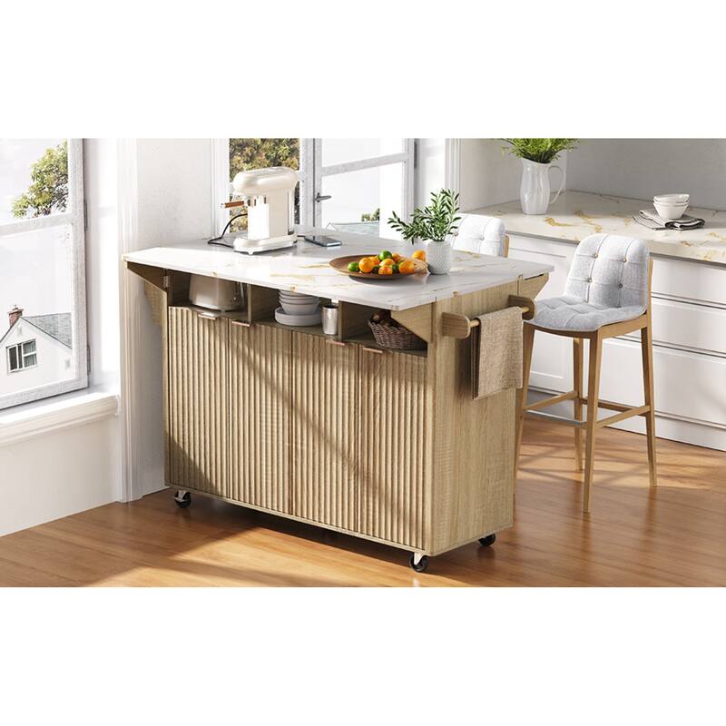 Roomfitters 55.5" Fluted Kitchen Island with Double Drop Leaf, Storage Cart with Power Outlet & Wood-grain Top