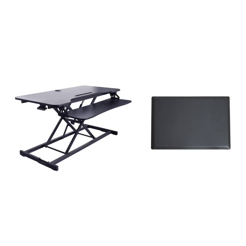 Rocelco 43 in. W Black Height Adjustable Standing Desk Converter with Anti Fatigue Floor Mat, Tablet Slot and Deep Keyboard Tray