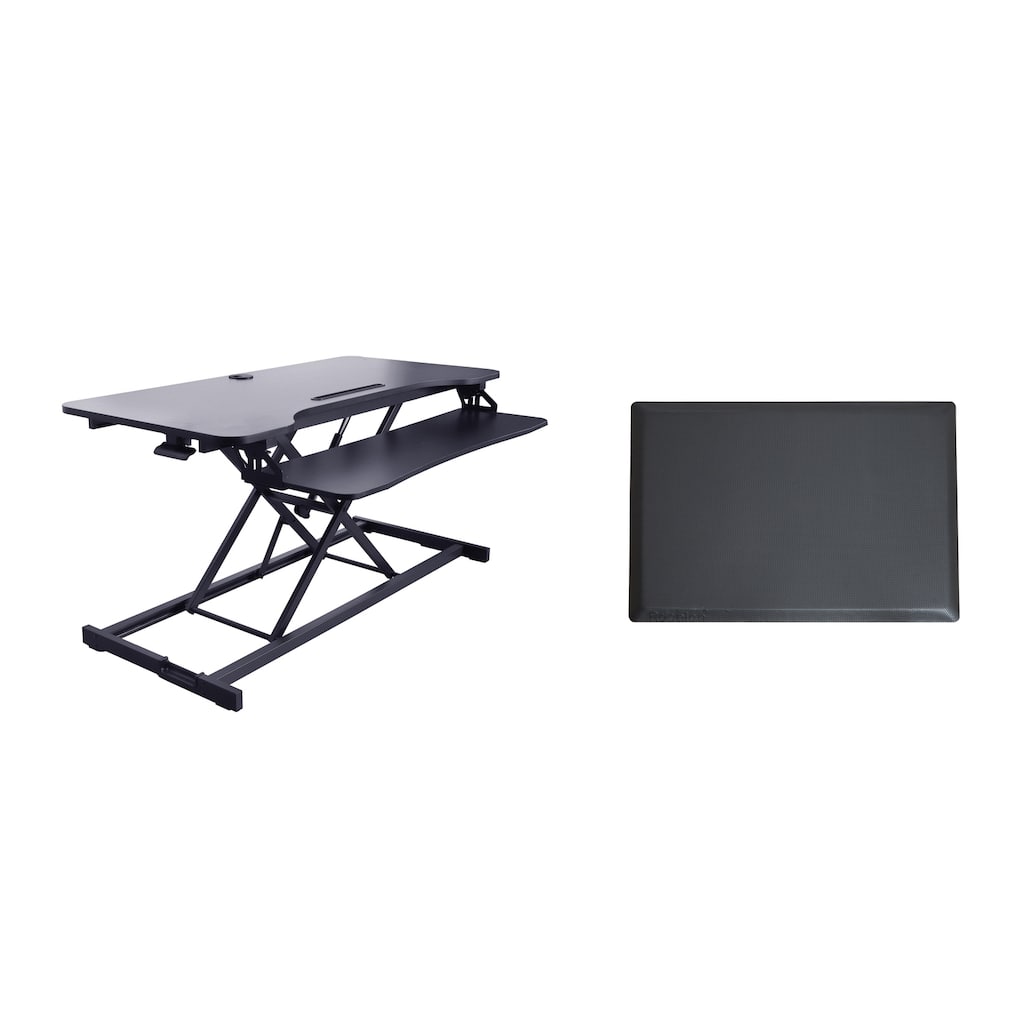 Rocelco 43 in. W Black Height Adjustable Standing Desk Converter with Anti Fatigue Floor Mat, Tablet Slot and Deep Keyboard Tray
