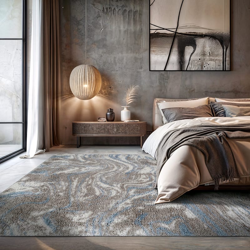Abstract Marble Shag Rug - Anthracite Dark Gray - Plush Medium Pile, Durable with Jute Backing