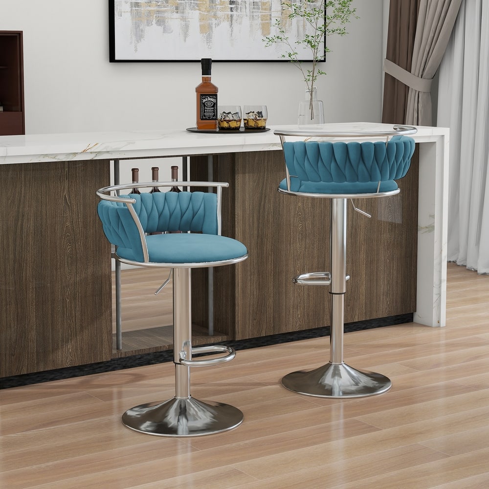 2 Set Velvet Swivel Adjustable Bar Stools with Footrest