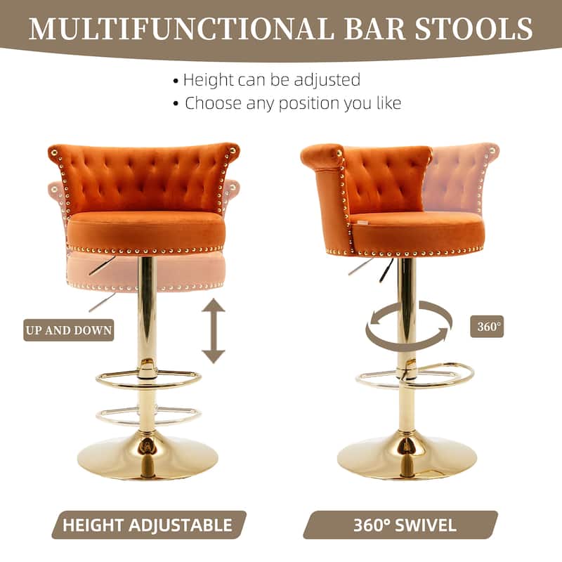 Velvet Upholstered Tufted Nailheads Swivel Adjustable Height Bar Stools With Golden Footrest(set of 2)
