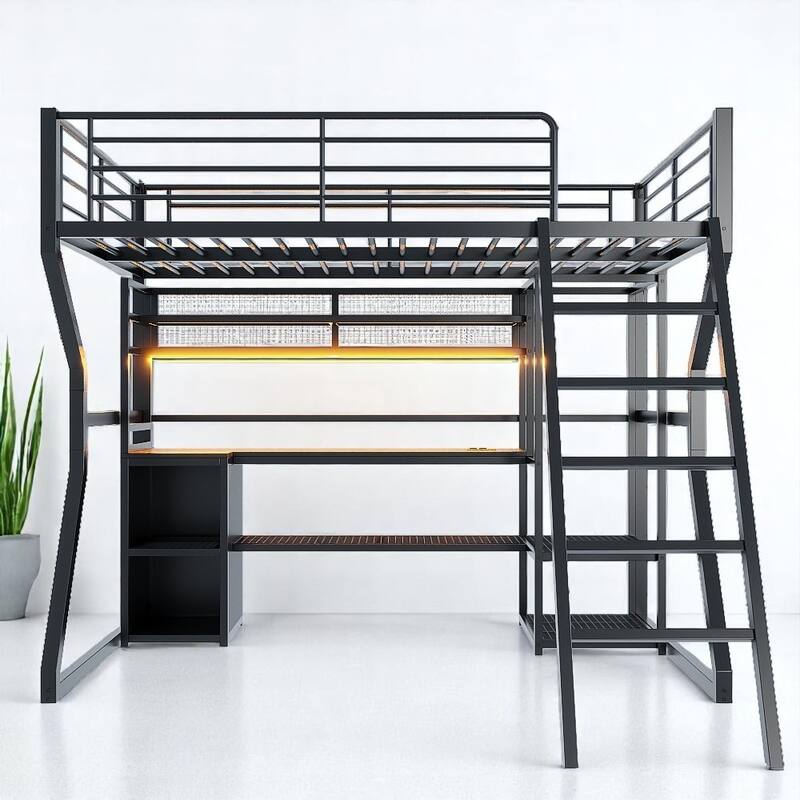 Full Size Metal Loft Bed with Desk, LED Lights, Charging Station, Open Wardrobe & Storage Shelves, Gaming Workstation Loft Frame