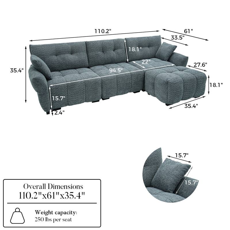 4-Seat Sectional Sofa Couch with Chaise, Tufted L-Shaped Modular Sofa with Pillows, Pocket Spring Cushions & Solid Wood Frame
