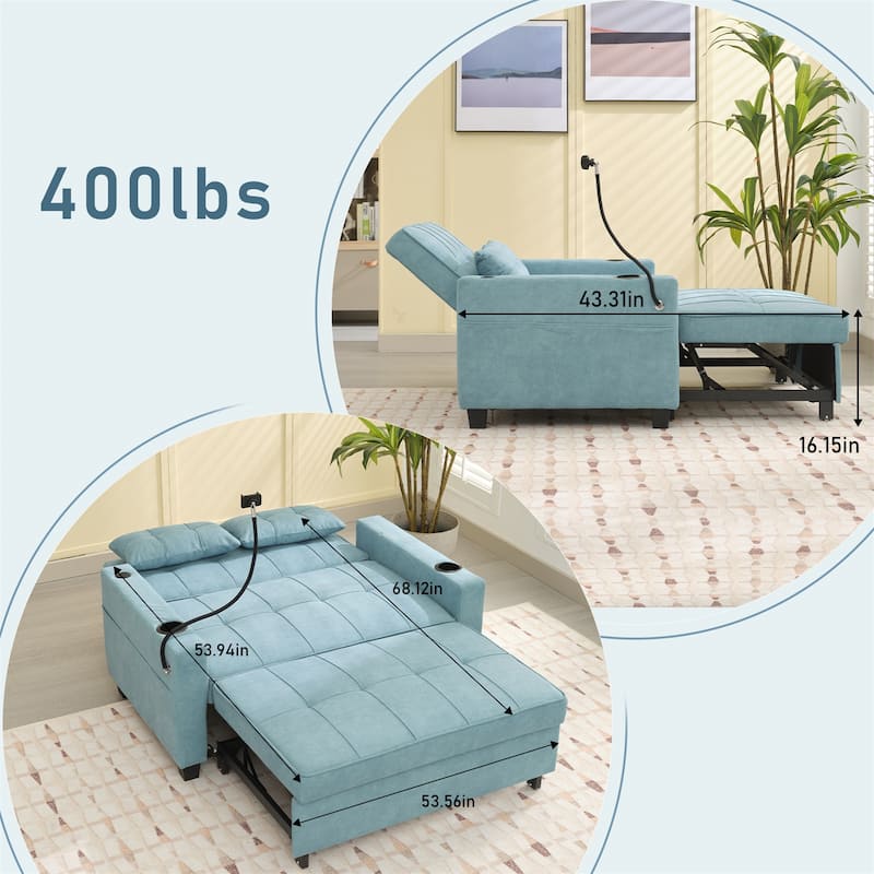 Futon Convertible 3-in-1 Pull Out Sleeper Sofa with USB Ports