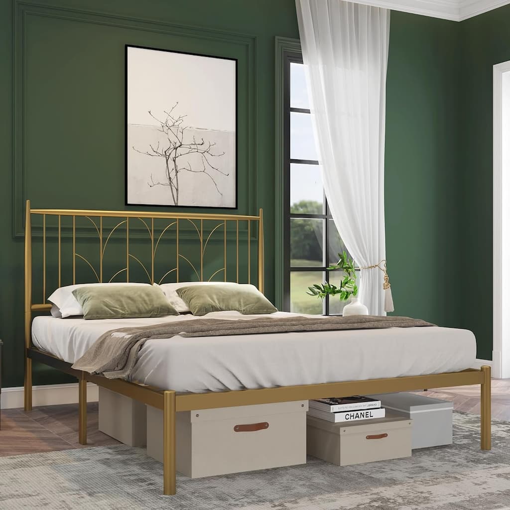 Platform Bed Frame with Wheat Head Headboard, Metal Mattress Foundation for Storage