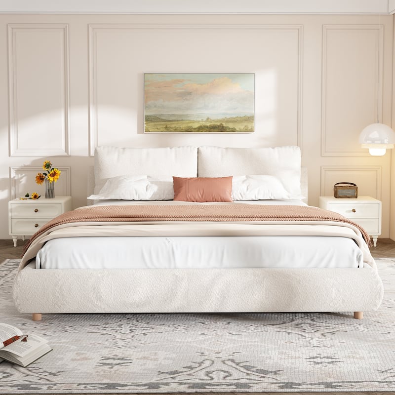Upholstered Platform Bed with Two Removable Pillow Headboard Solid Round Legs Boucle Fabric Wood Bed Frame, No Box Spring Needed - White - King