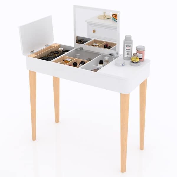 Vanity Mirror With Lights and Solid Wood Legs and Flip-Up High Definition Mirror