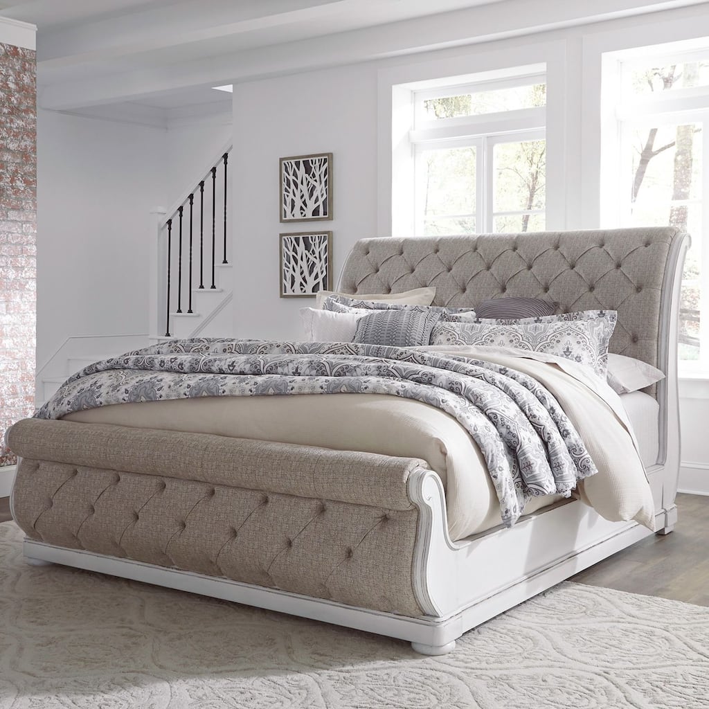 Magnolia Manor Antique White Queen Upholstered Sleigh Bed