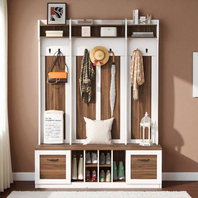 58.8 in Wide Hall Tree with Bench, 7 Hooks, 2 Drawers, Adjustable Shelves, Entryway Coat Rack Organizer, 76.7 in H