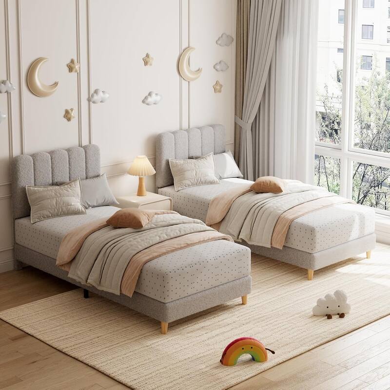 Twin Upholstered Platform Bed Frame with Wave Headboard, Wood Slats, No Box Spring Needed, for Kids or Teens