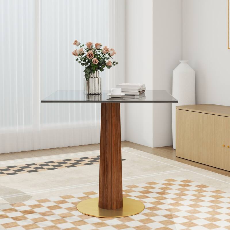Modern Square Dining Table, 33.5" Tempered Glass Table with Wooden Leg & Gold Base, 2 - Person Kitchen Table for Small Space