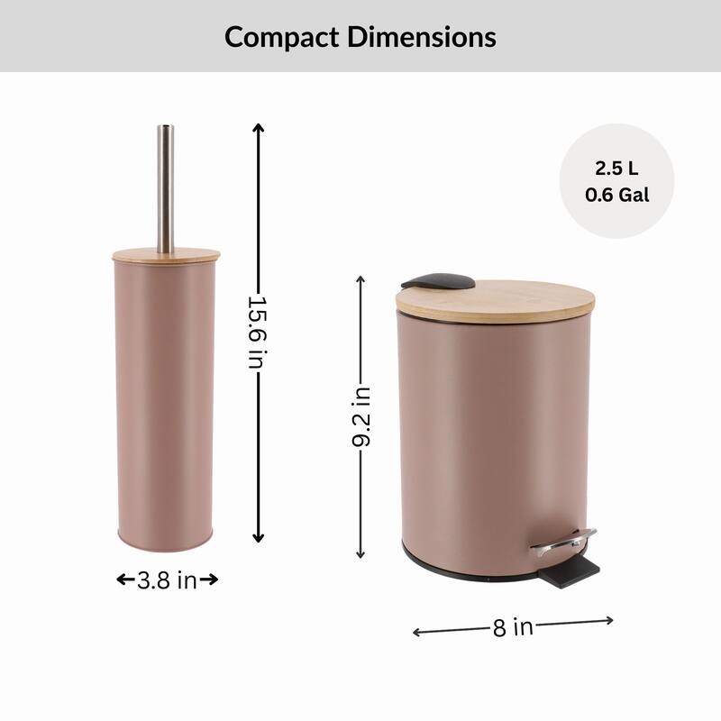 Bathroom Set with Bamboo Lid - Matte Metal Trash Can and Toilet Brush - 15.6" H x 11" L x 11" W