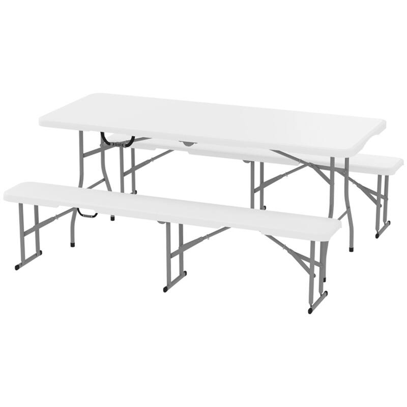 3-Piece Folding Table and Bench Set Metal Frame Indoor Outdoor Portable Picnic Furniture - 70.9" L x 29.1" W x 29.1" H