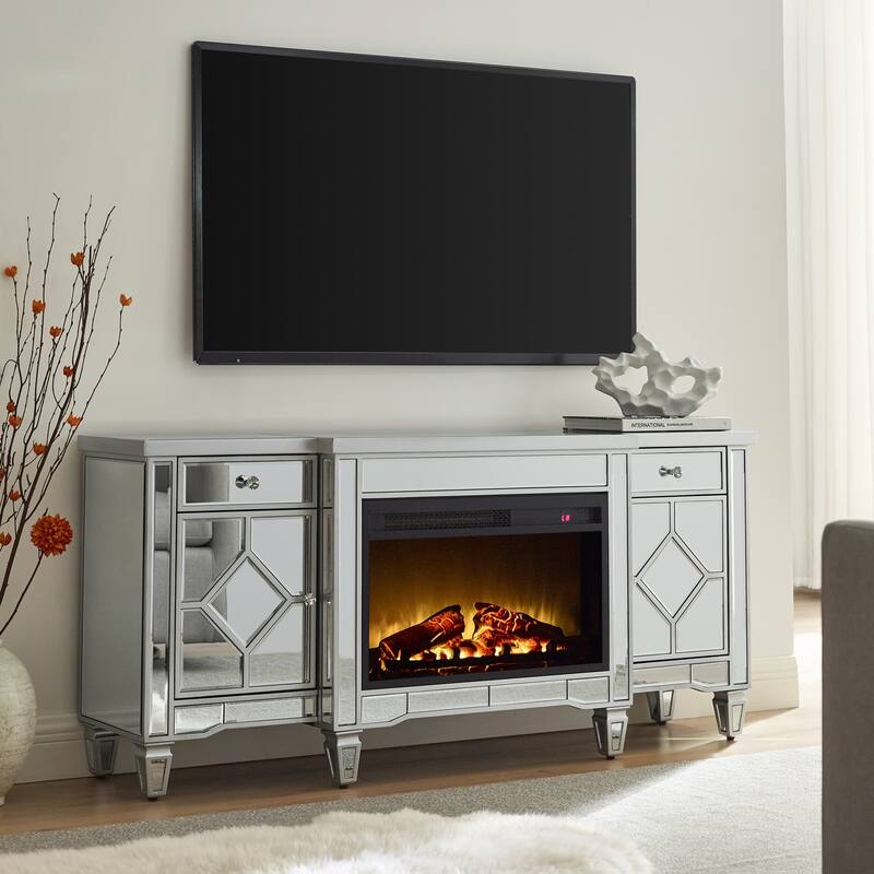 57" Silver Combination TV Stand & Electric Fireplace with High-Intensity LED Flames