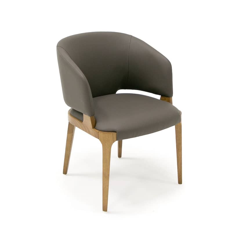 22 Inch Dining Chair, Gray Vegan Faux Leather, Curved Back, Solid Wood