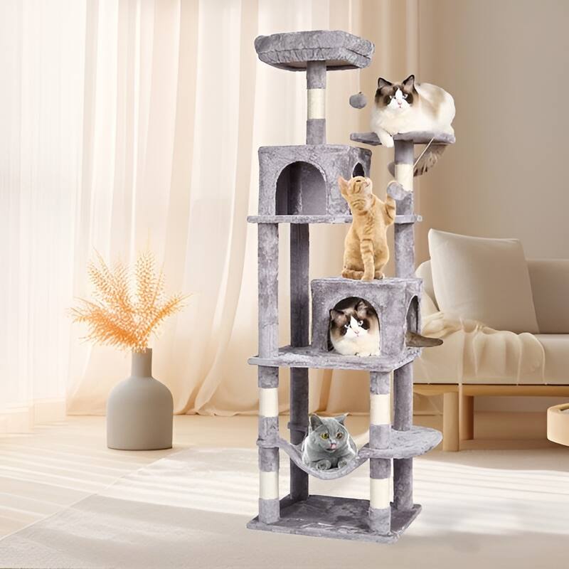 Light Grey Plush 7-Layer Cat Tree with Condos and Hammock Playhouse