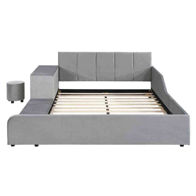 Full Upholstered Grounded Bed w/ Bedside Desk & Little Round Stool