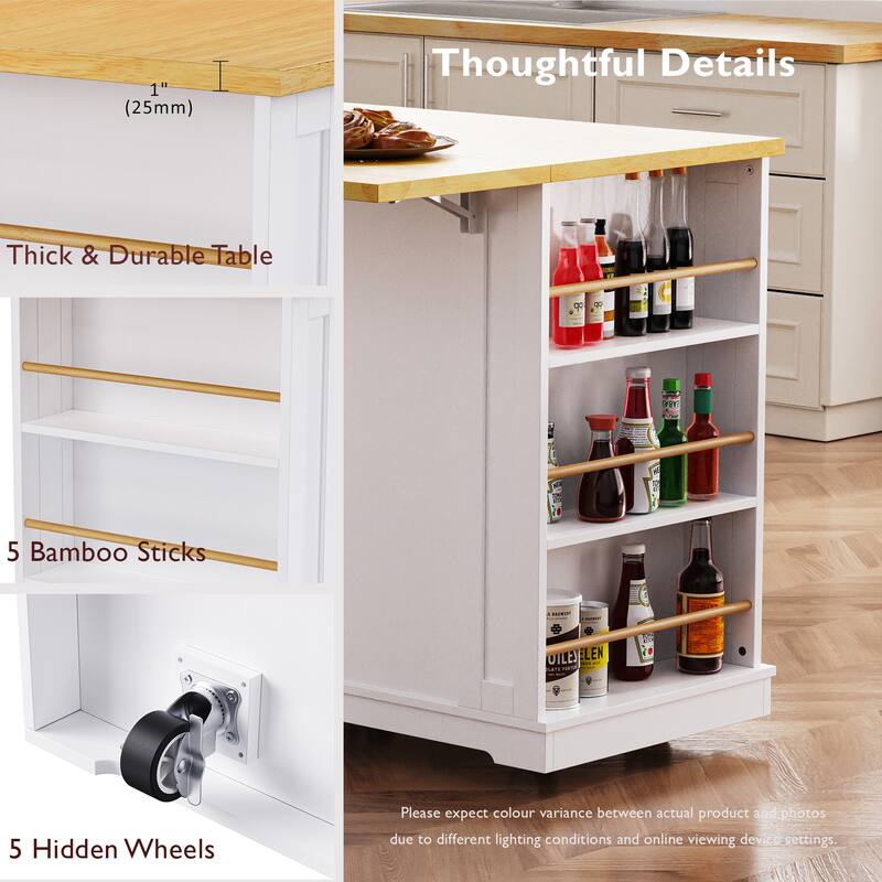 48" Large Kitchen Island with Drop Leaf,Power Outlet,For Kitchen,Dining Room(Not Include Stools)