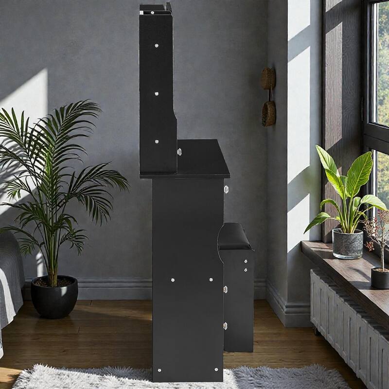 29.2'' Small Vanity Table with LED Tri-Color Mirror, Drawer & Cushioned Stool, Space-Saving Makeup Desk for Small Rooms