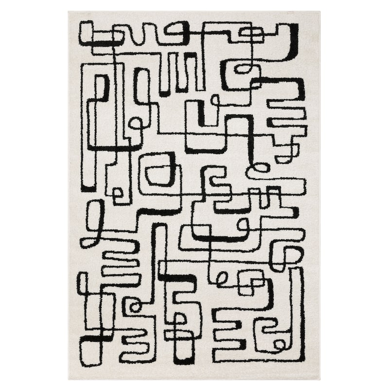 Quartz Mid-Century Modern Beige/ Black Area Rug- - 5'3" x 7'
