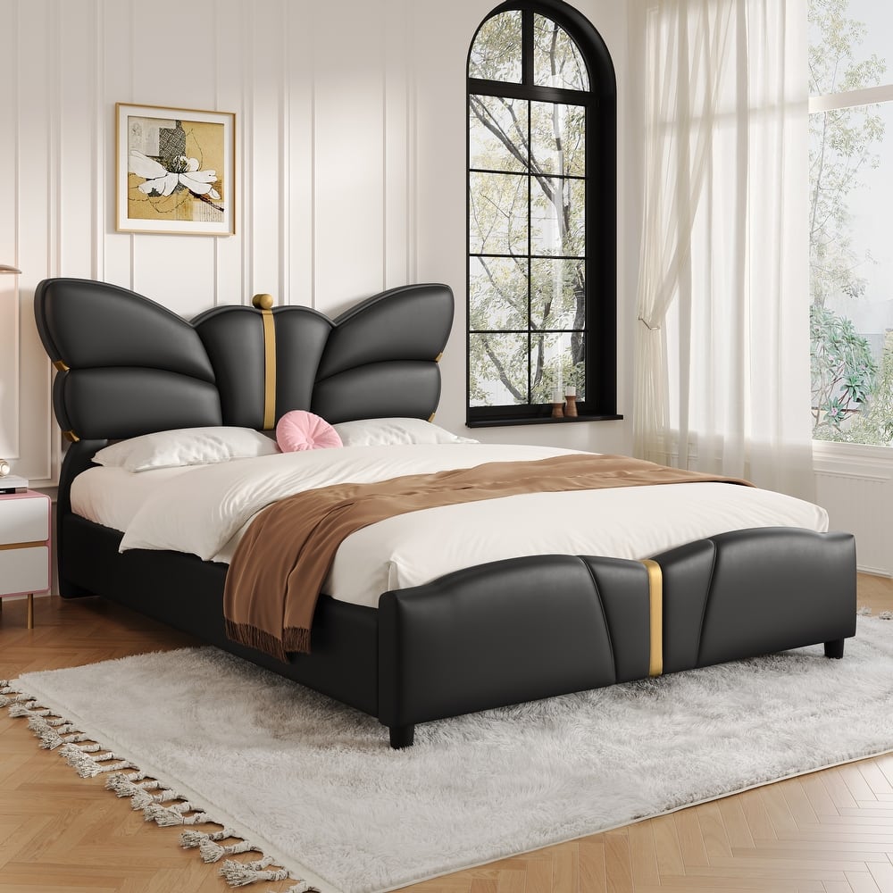 Bedroom Platform Bed Frame with Butterfly-Shaped Headboard, PU Leather Upholstered Bed with Gold Accents