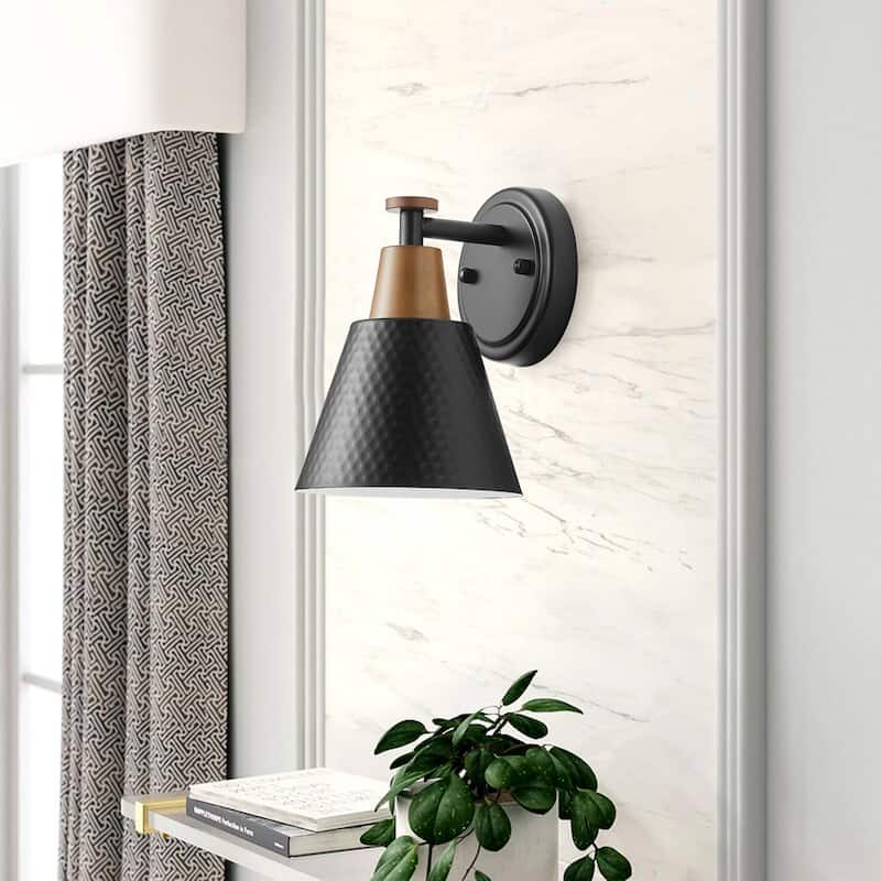 Industrial 1-Light Metal Finish and Wood Grain Wall Sconce For Bathroom