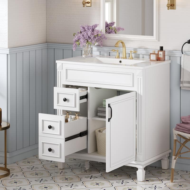 30" Bathroom Vanity With Ceramic Sink, Small Bathroom Sink Cabinet, Modern Cabinet With 2 Drawers And Adjustable Shelf