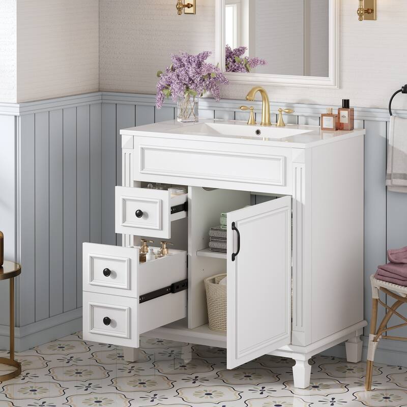 30" Modern Bathroom Vanity with Ceramic Sink - Small Space Cabinet with 2 Soft-Close Drawers & Adjustable Shelf