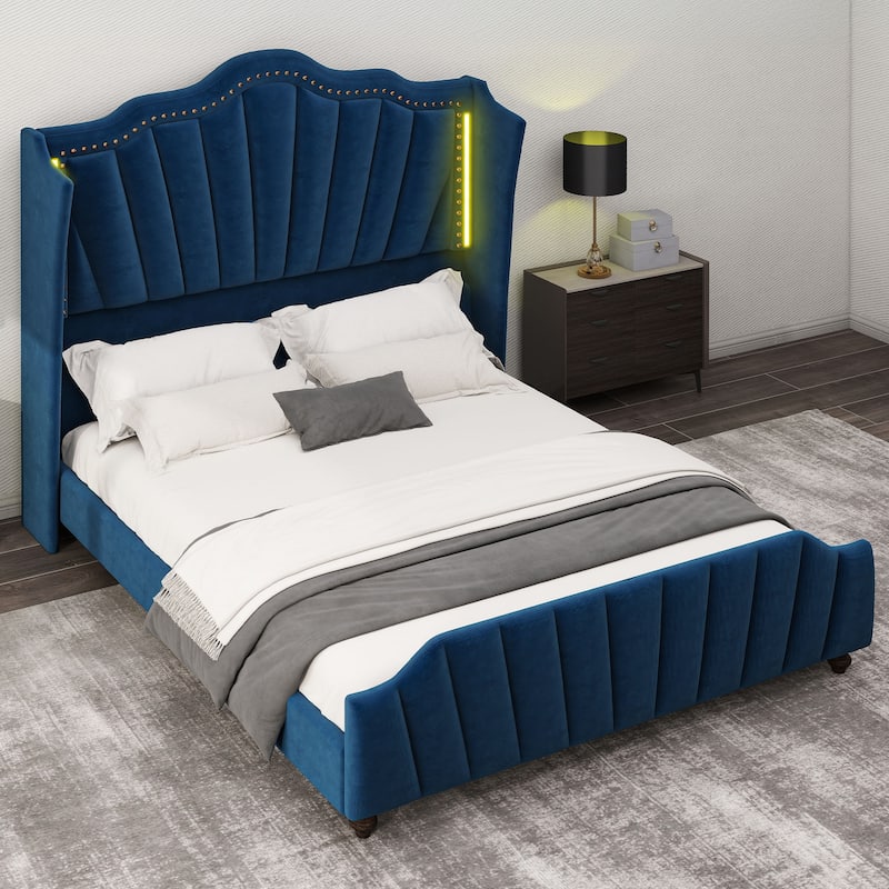 Moasis Queen Size Velvet Upholstered Platform Bed Frame with Wingback Headboard & LED Light - Blue - Queen