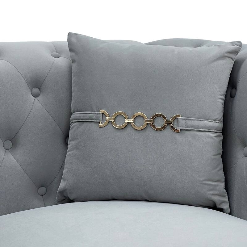 Modern Tufted Velvet Sofa, 82.67" Mid-Century 3-Seater Couch with Gold Metal Legs & Pillows, Elegant Chesterfield-Style Sofa