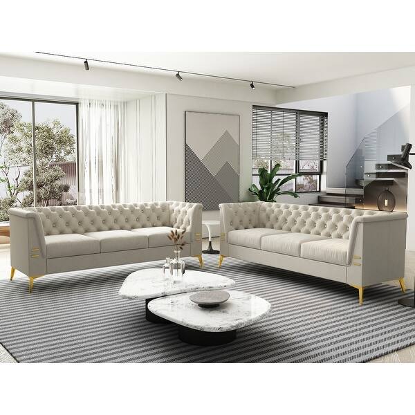 Beige 82'' Modern Velvet 3-Seater Couch with Tufted Design and Gold Metal Legs - Bed Bath & Beyond