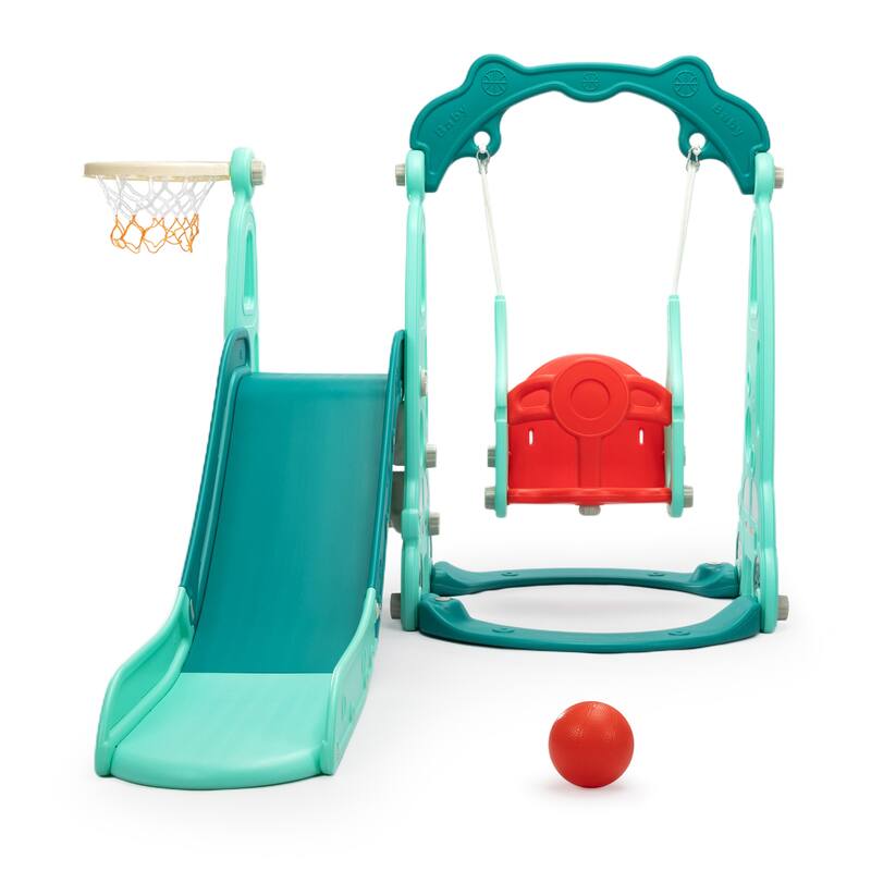 3-in-1 Kids Slide Set with Swing and Basketball Hoop - Mint Green