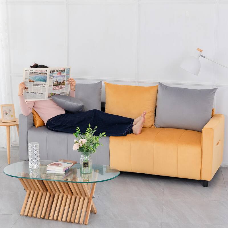 2-Seater Light Grey & Yellow Sectional Sofa, 82" Contemporary Design, Easy Assembly
