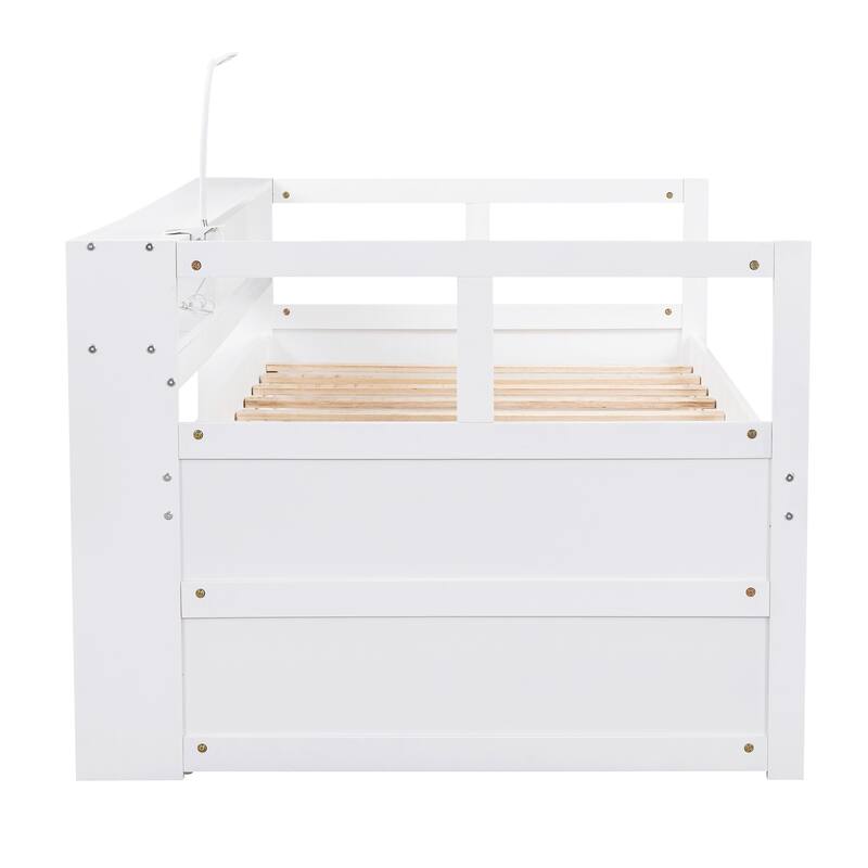Twin XL Wood Daybed with Trundles, Storage, USB Charging, and Light, White