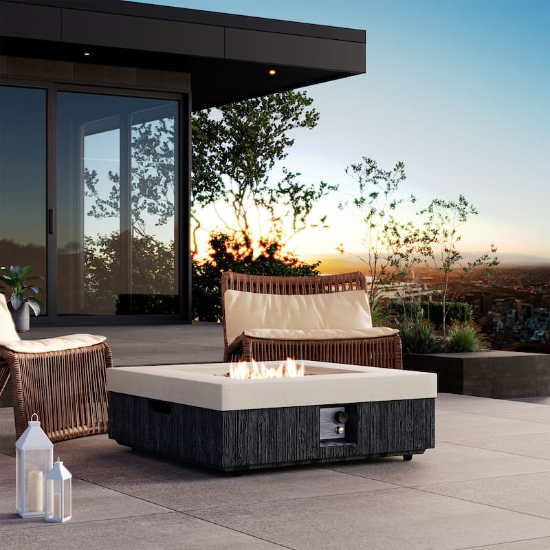 COSIEST Outdoor Concrete Propane Fire Pit Table,Marble & Wood Style Design