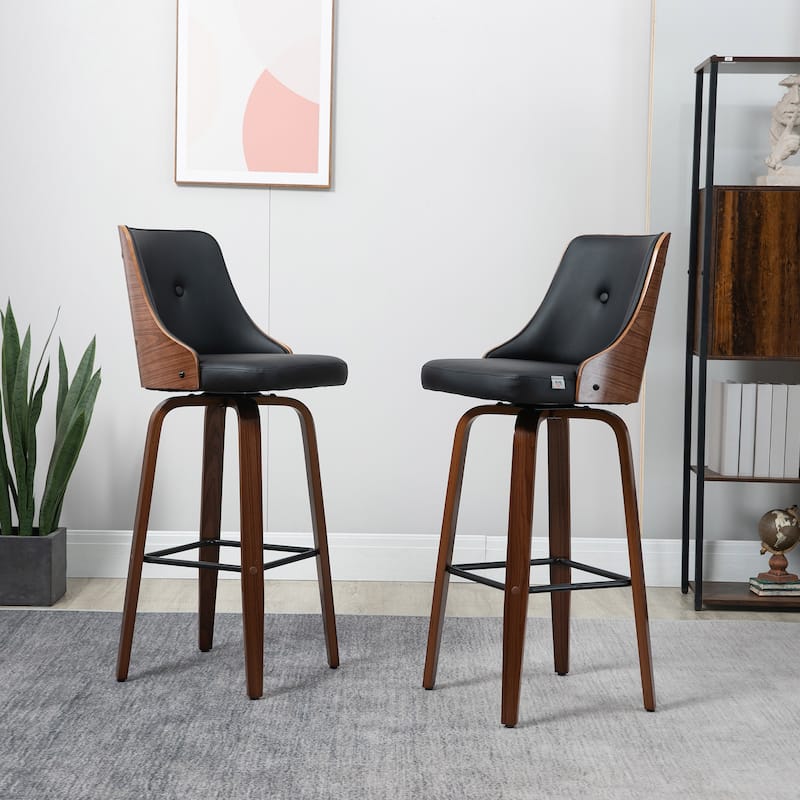 HOMCOM Counter Height Bar Stools Set of 2 PU Leather Swivel Barstools with Footrest and Tufted Back - Black