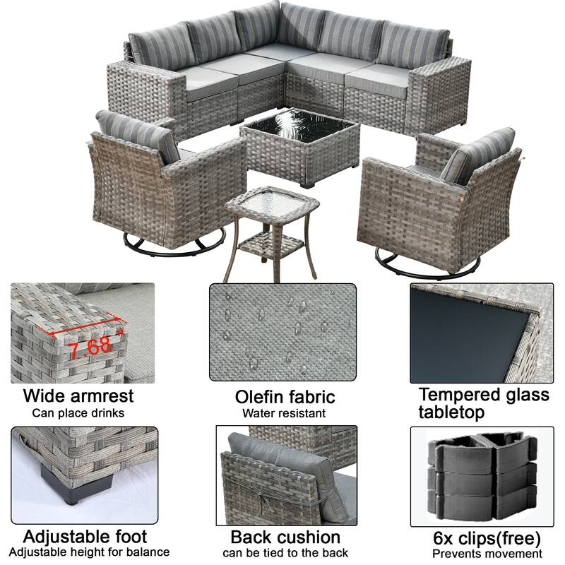 OVIOS 9-piece Patio Wicker Swivel Rocking Chair Set with Glass-Top Tables