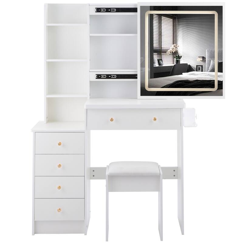 Vanity Table with Control LED Sliding Mirror, Dressing Table Set with USB Power Station, Makeup Stool with Hair Dryer Stand