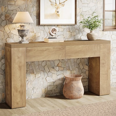 63" Wood Console Table With Drawers, Rustic Brown Sofa Console Table