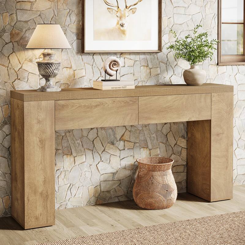 63-Inch Wooden Console Table with 2 Hidden Drawers, Sofa Table for Living Room, Hallway, Entrance, Foyer
