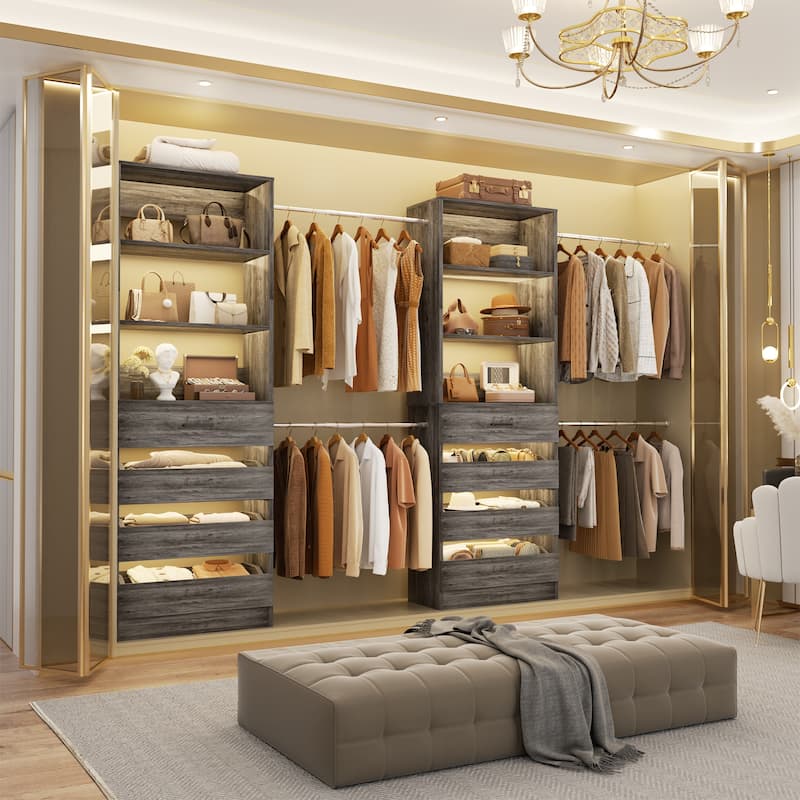 Qvella 95''-136'' W Closet System with 8 Wooden Drawers and 4 Hanging Rods, Walk-in Closet Organizer with 6 Storage Shelves